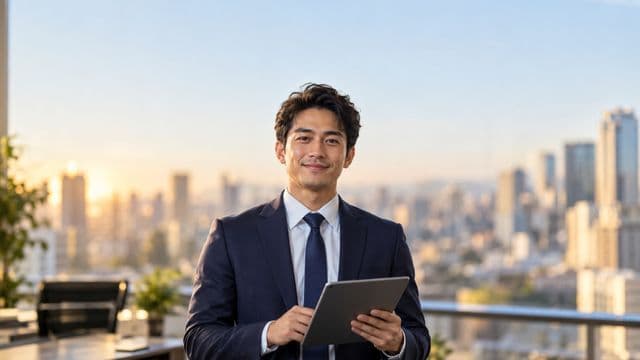 Analista financeiro sorrindo, com terno azul-marinho, segurando um tablet, em um escritório corporativo com vista para a cidade