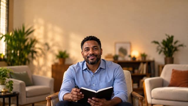 Psicólogo sorrindo, com camisa social azul, sem gravata, segurando um caderno de anotações, em um consultório de psicologia aconchegante com poltronas e plantas