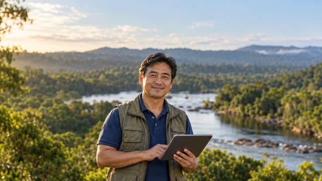 Gestor ambiental sorrindo, com camisa polo azul e colete de campo, segurando um tablet, em uma área de preservação com mata e um rio