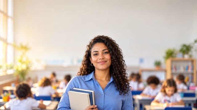 Professora sorrindo, com camisa social azul, segurando livros de capa lisa, em uma sala de aula moderna e clara com alunos desfocados