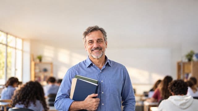 Professor sorrindo, com camisa social azul, segurando livros de capa lisa, em uma sala de aula moderna e clara com alunos desfocados