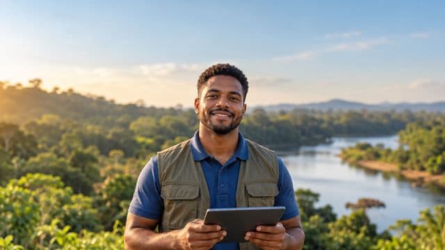 Gestor ambiental sorrindo, com camisa polo azul e colete de campo, segurando um tablet, em uma área de preservação com mata e um rio