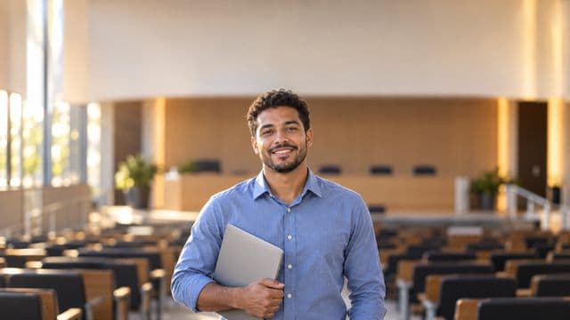Professor universitário sorrindo, com camisa social azul, segurando um notebook, em um auditório universitário moderno