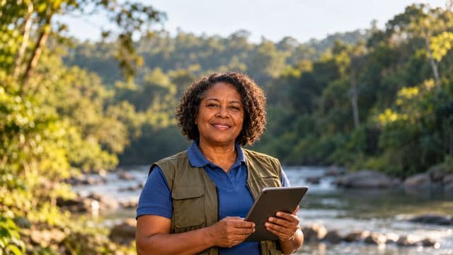 Gestora ambiental sorrindo, com camisa polo azul e colete de campo, segurando um tablet, em uma área de preservação com mata e um rio