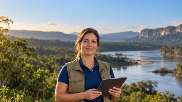 Gestora ambiental sorrindo, com camisa polo azul e colete de campo, segurando um tablet, em uma área de preservação com mata e um rio