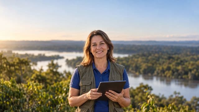 Gestora ambiental sorrindo, com camisa polo azul e colete de campo, segurando um tablet, em uma área de preservação com mata e um rio