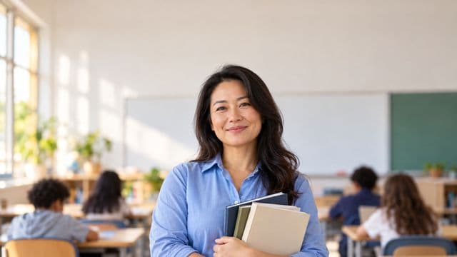 Professora sorrindo, com camisa social azul, segurando livros de capa lisa, em uma sala de aula moderna e clara com alunos desfocados