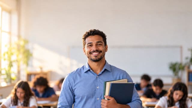 Professor sorrindo, com camisa social azul, segurando livros de capa lisa, em uma sala de aula moderna e clara com alunos desfocados