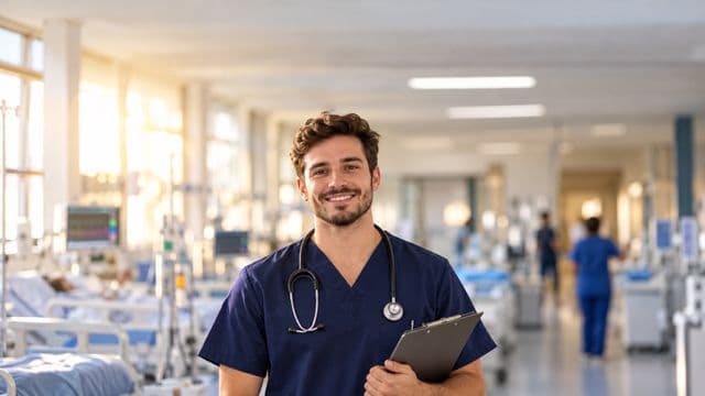 Enfermeiro sorrindo, com uniforme hospitalar azul-marinho e estetoscópio no pescoço, segurando uma prancheta, em o corredor de um hospital moderno e bem iluminado, com leitos e equipamentos