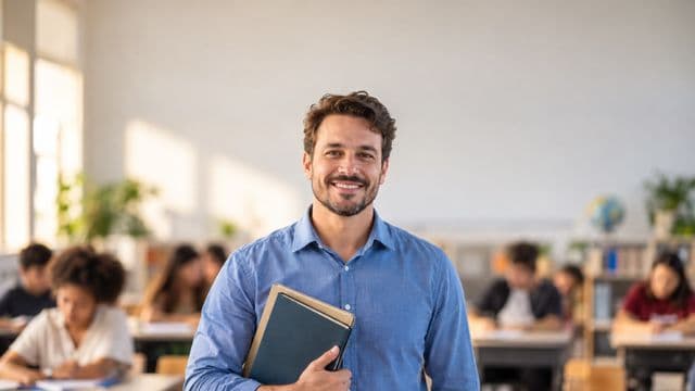 Professor sorrindo, com camisa social azul, segurando livros de capa lisa, em uma sala de aula moderna e clara com alunos desfocados