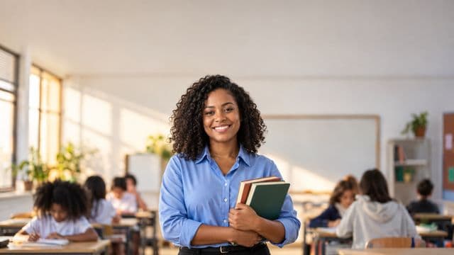 Professora sorrindo, com camisa social azul, segurando livros de capa lisa, em uma sala de aula moderna e clara com alunos desfocados