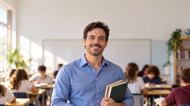 Professor sorrindo, com camisa social azul, segurando livros de capa lisa, em uma sala de aula moderna e clara com alunos desfocados