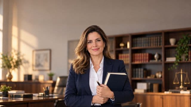 Advogada sorrindo, com terno azul-marinho e camisa branca, segurando um livro de capa lisa e uma caneta, em um escritório de advocacia elegante com estantes de livros