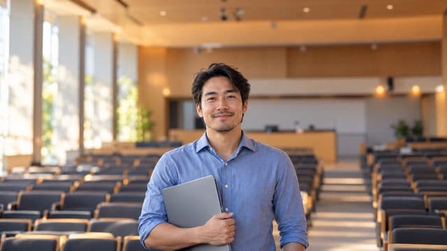 Professor universitário sorrindo, com camisa social azul, segurando um notebook, em um auditório universitário moderno