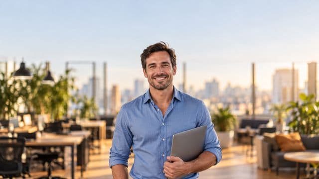 Empreendedor sorrindo, com camisa social azul com as mangas dobradas, segurando um notebook, em um espaço de coworking moderno e iluminado