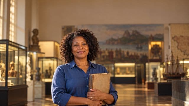 Professora de história sorrindo, com camisa social azul, segurando um livro antigo de capa lisa, em um museu histórico com vitrines desfocadas