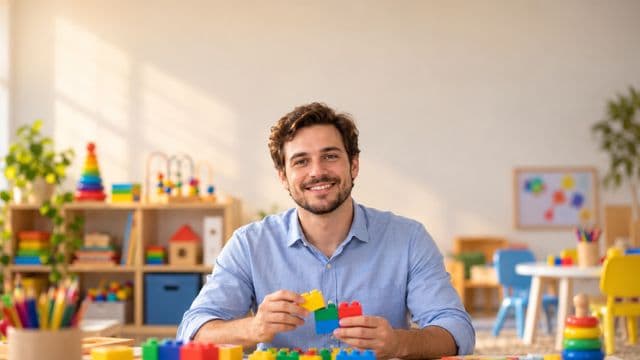 Psicopedagogo sorrindo, com camisa azul-clara, segurando blocos de montar coloridos, em uma sala de atendimento infantil colorida e organizada, com brinquedos pedagógicos