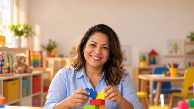 Psicopedagoga sorrindo, com camisa azul-clara, segurando blocos de montar coloridos, em uma sala de atendimento infantil colorida e organizada, com brinquedos pedagógicos