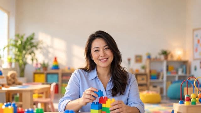 Psicopedagoga sorrindo, com camisa azul-clara, segurando blocos de montar coloridos, em uma sala de atendimento infantil colorida e organizada, com brinquedos pedagógicos