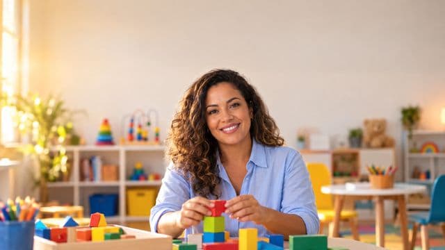 Psicopedagoga sorrindo, com camisa azul-clara, segurando blocos de montar coloridos, em uma sala de atendimento infantil colorida e organizada, com brinquedos pedagógicos