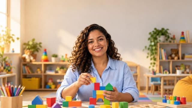Psicopedagoga sorrindo, com camisa azul-clara, segurando blocos de montar coloridos, em uma sala de atendimento infantil colorida e organizada, com brinquedos pedagógicos