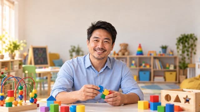 Psicopedagogo sorrindo, com camisa azul-clara, segurando blocos de montar coloridos, em uma sala de atendimento infantil colorida e organizada, com brinquedos pedagógicos