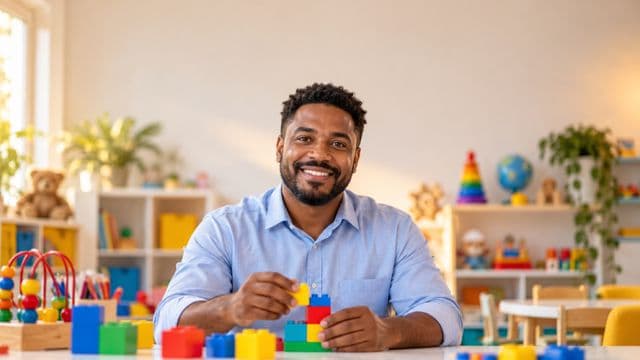 Psicopedagogo sorrindo, com camisa azul-clara, segurando blocos de montar coloridos, em uma sala de atendimento infantil colorida e organizada, com brinquedos pedagógicos