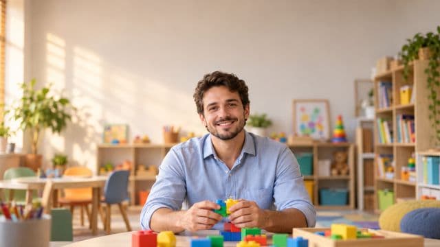 Psicopedagogo sorrindo, com camisa azul-clara, segurando blocos de montar coloridos, em uma sala de atendimento infantil colorida e organizada, com brinquedos pedagógicos