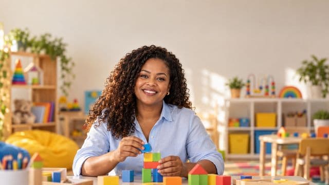 Psicopedagoga sorrindo, com camisa azul-clara, segurando blocos de montar coloridos, em uma sala de atendimento infantil colorida e organizada, com brinquedos pedagógicos