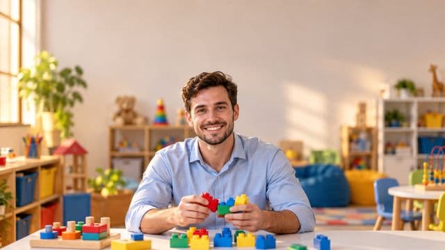 Psicopedagogo sorrindo, com camisa azul-clara, segurando blocos de montar coloridos, em uma sala de atendimento infantil colorida e organizada, com brinquedos pedagógicos