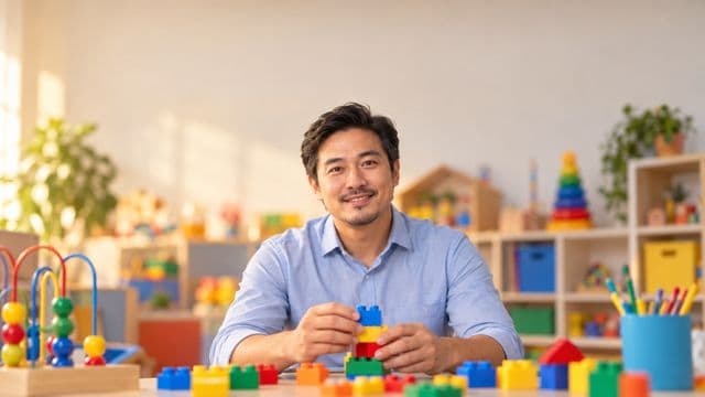 Psicopedagogo sorrindo, com camisa azul-clara, segurando blocos de montar coloridos, em uma sala de atendimento infantil colorida e organizada, com brinquedos pedagógicos