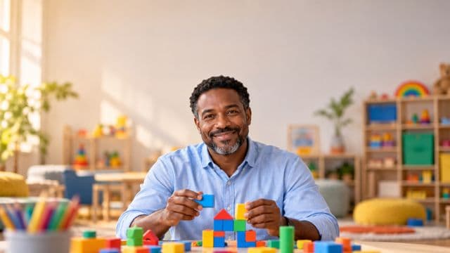 Psicopedagogo sorrindo, com camisa azul-clara, segurando blocos de montar coloridos, em uma sala de atendimento infantil colorida e organizada, com brinquedos pedagógicos