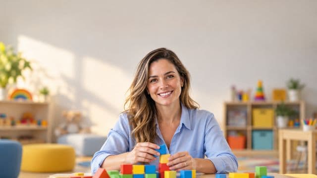 Psicopedagoga sorrindo, com camisa azul-clara, segurando blocos de montar coloridos, em uma sala de atendimento infantil colorida e organizada, com brinquedos pedagógicos