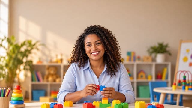 Psicopedagoga sorrindo, com camisa azul-clara, segurando blocos de montar coloridos, em uma sala de atendimento infantil colorida e organizada, com brinquedos pedagógicos