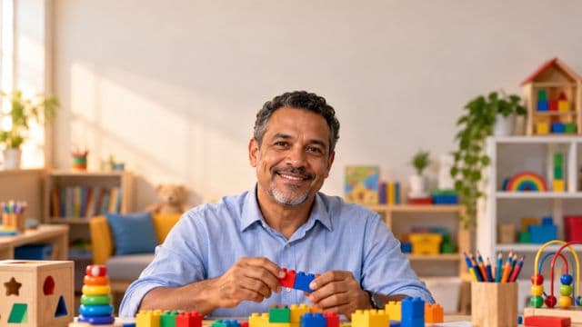 Psicopedagogo sorrindo, com camisa azul-clara, segurando blocos de montar coloridos, em uma sala de atendimento infantil colorida e organizada, com brinquedos pedagógicos
