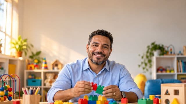 Psicopedagogo sorrindo, com camisa azul-clara, segurando blocos de montar coloridos, em uma sala de atendimento infantil colorida e organizada, com brinquedos pedagógicos