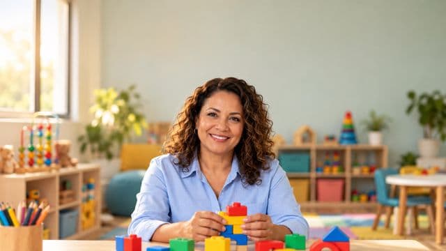 Psicopedagoga sorrindo, com camisa azul-clara, segurando blocos de montar coloridos, em uma sala de atendimento infantil colorida e organizada, com brinquedos pedagógicos