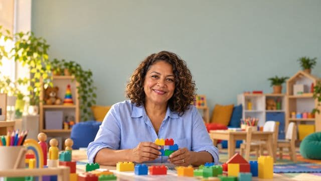 Psicopedagoga sorrindo, com camisa azul-clara, segurando blocos de montar coloridos, em uma sala de atendimento infantil colorida e organizada, com brinquedos pedagógicos
