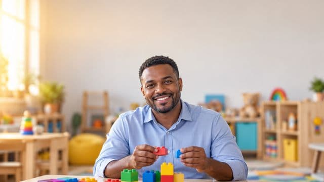 Psicopedagogo sorrindo, com camisa azul-clara, segurando blocos de montar coloridos, em uma sala de atendimento infantil colorida e organizada, com brinquedos pedagógicos