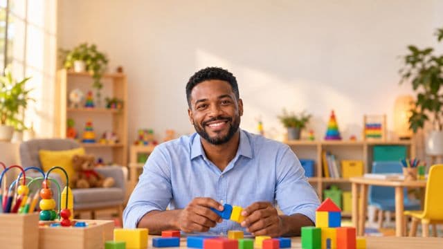 Psicopedagogo sorrindo, com camisa azul-clara, segurando blocos de montar coloridos, em uma sala de atendimento infantil colorida e organizada, com brinquedos pedagógicos