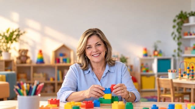 Psicopedagoga sorrindo, com camisa azul-clara, segurando blocos de montar coloridos, em uma sala de atendimento infantil colorida e organizada, com brinquedos pedagógicos
