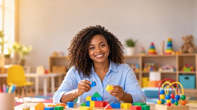 Psicopedagoga sorrindo, com camisa azul-clara, segurando blocos de montar coloridos, em uma sala de atendimento infantil colorida e organizada, com brinquedos pedagógicos