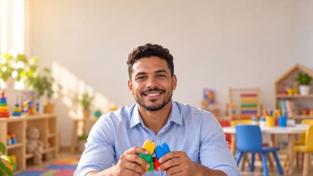 Psicopedagogo sorrindo, com camisa azul-clara, segurando blocos de montar coloridos, em uma sala de atendimento infantil colorida e organizada, com brinquedos pedagógicos