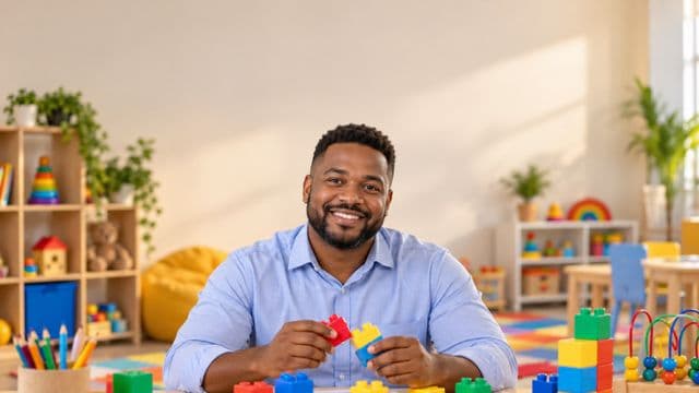 Psicopedagogo sorrindo, com camisa azul-clara, segurando blocos de montar coloridos, em uma sala de atendimento infantil colorida e organizada, com brinquedos pedagógicos