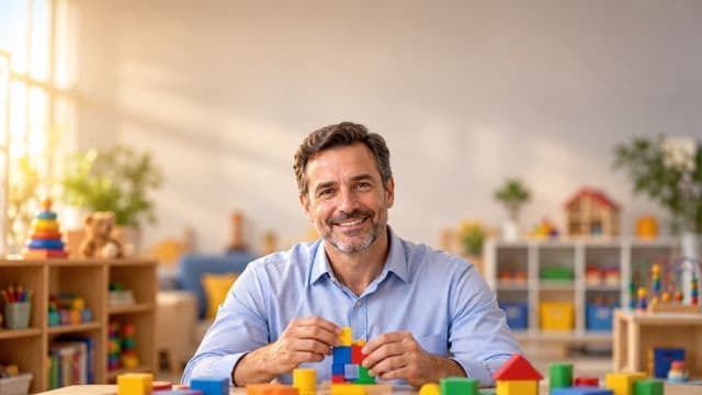 Psicopedagogo sorrindo, com camisa azul-clara, segurando blocos de montar coloridos, em uma sala de atendimento infantil colorida e organizada, com brinquedos pedagógicos