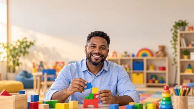 Psicopedagogo sorrindo, com camisa azul-clara, segurando blocos de montar coloridos, em uma sala de atendimento infantil colorida e organizada, com brinquedos pedagógicos