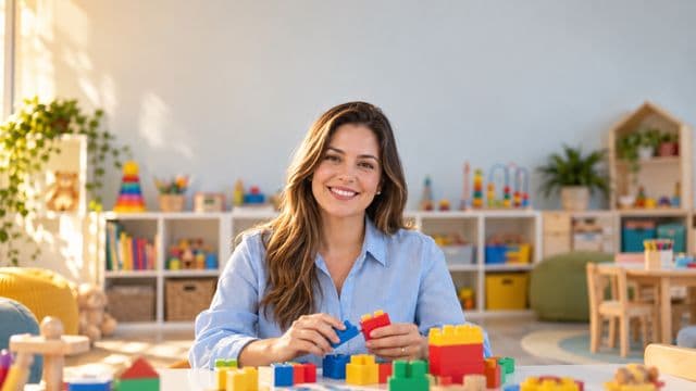 Psicopedagoga sorrindo, com camisa azul-clara, segurando blocos de montar coloridos, em uma sala de atendimento infantil colorida e organizada, com brinquedos pedagógicos