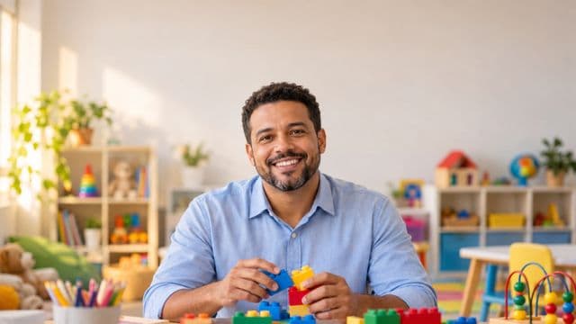 Psicopedagogo sorrindo, com camisa azul-clara, segurando blocos de montar coloridos, em uma sala de atendimento infantil colorida e organizada, com brinquedos pedagógicos