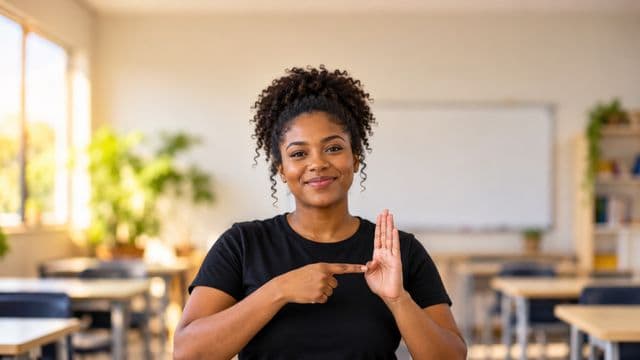 Intérprete de Libras sorrindo, com camisa preta lisa, fazendo um sinal em Libras com as mãos, em uma sala de aula moderna e clara