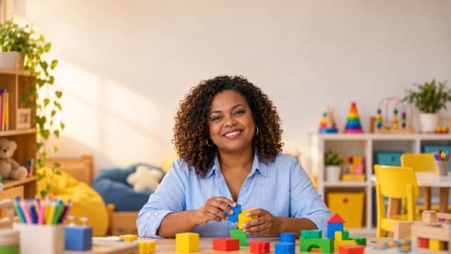 Psicopedagoga sorrindo, com camisa azul-clara, segurando blocos de montar coloridos, em uma sala de atendimento infantil colorida e organizada, com brinquedos pedagógicos